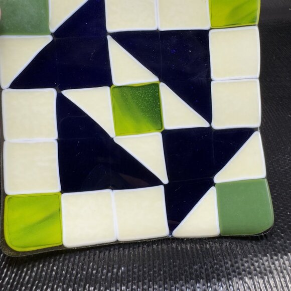 Hand Made Geometric Square Fused Glass Dish Plate Artist Signed Multicolored VTG - Picture 10 of 15